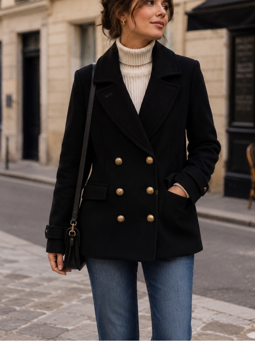 Trina Turk Black Pea Coat with Gold Buttons